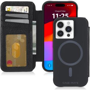 Case-Mate Wallet Folio iPhone 15 Pro Case - Black [12ft Drop Protection] [Compatible with MagSafe] Magnetic Flip Folio Cover Made with Genuine Pebbled Leather, Landscape Stand, Cash, and Card Holder