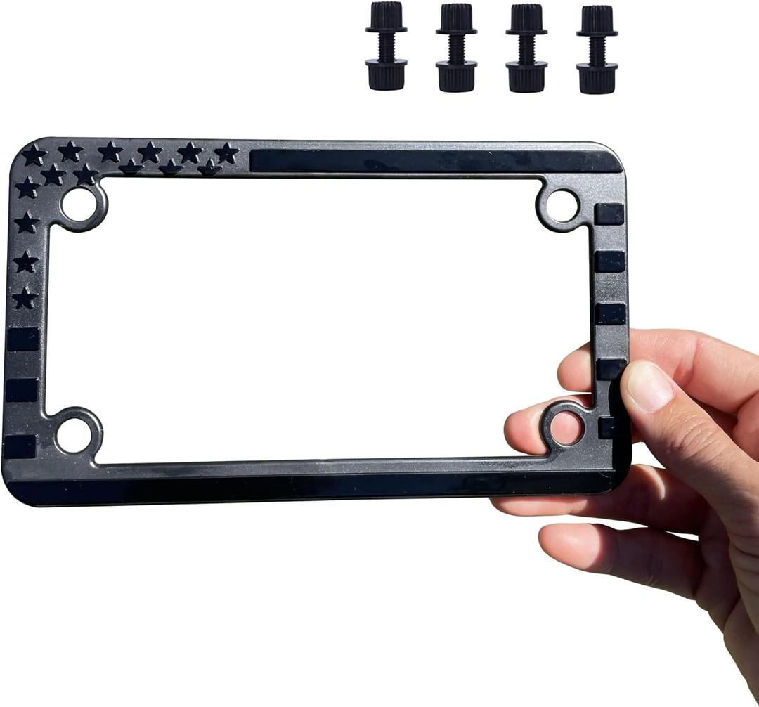 TACTILIAN Motorcycle American Flag License Plate Frame - Subdued 3D Embossed USA Flag in Gloss on Matte Black Finish for Motorcycle, Scooty, Harley