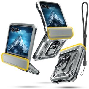 Janmitta Compatible with Moto Razr 2024/2025 Case,Razr+ Plus 2024/2025 Case with Lanyard+Hinge Protection+Finger Ring Holder Kickstand,Dual-Layer Full Body Protective Shockproof Phone Cover,Silver