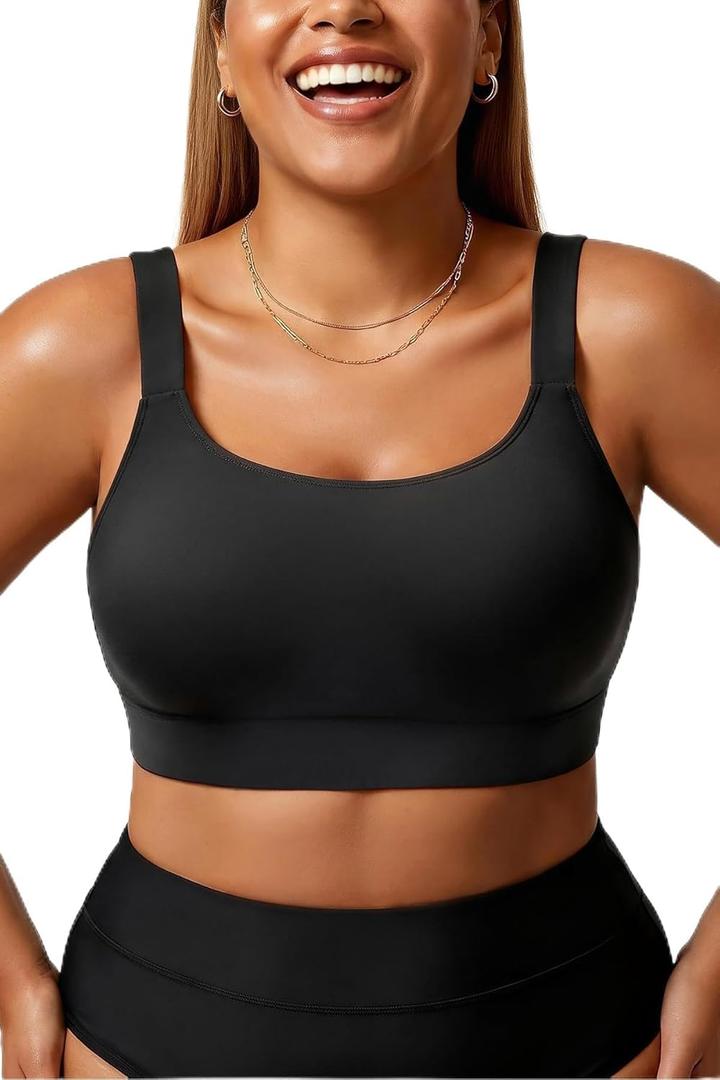 Daci Women Plus Size Sports Bra Bikini Top Only Push Up Scoop Neck Swim Top Full Coverage Bathing Suit for Large Bust (Black) 22 Plus