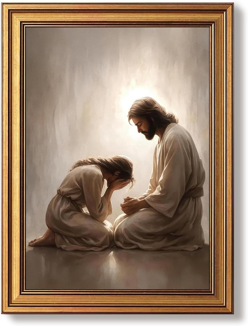 Gold Framed Jesus with Woman Wall Art Christian Canvas Prints 16x24 In