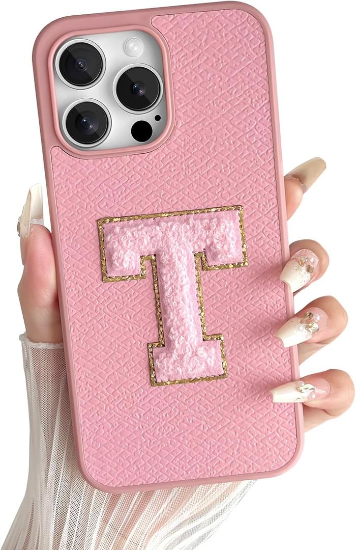 Skyseaco for iPhone 15 Pro Max Case Aesthetic Monogram Phone Case with Pink Leather Embroidered Letters Shockproof Protective Cover for Women Girls, Initial T