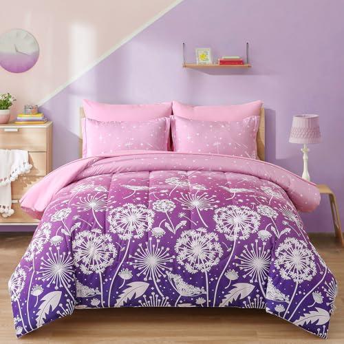 Menghomeus Girls Comforter Set Queen Size 7 Pieces Bed in A Bag Ombre Pink Purple Rainbow Bedding Set Dandelion Butterfly Print Kids Bedding Collections