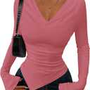 PRETTYGARDEN Womens Bell Long Sleeve Shirts Casual Cowl Neck Asymmetrical Slim Fit Crop Tops Y2K Going Out Spring Clothes (Pink, XXL)