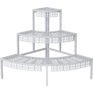 3 Tier Plant Stand Semi-Circular Flower Pot Organizer Rack Quarter Round Plant Display Holder Outdoor Storage Shelves Metal Corner Shelf Planter Shelving Ladder Plant Stand for Indoor Use(White)