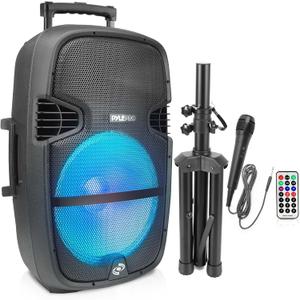 Pyle Portable Bluetooth PA Speaker System - 1000W Outdoor Speaker with 15" Subwoofer, USB/SD Reader, FM Radio, LED Lights, Wheels, Remote Control, Tripod, & Microphone Input