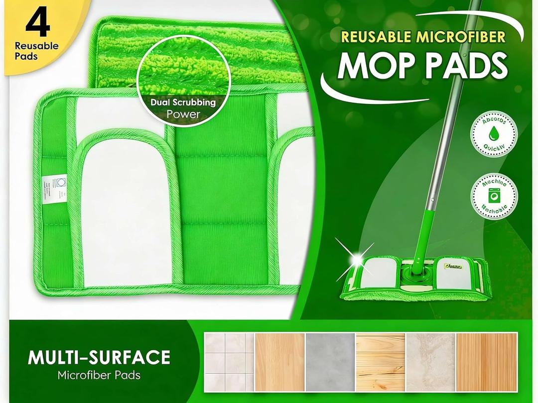 4 Pack Reusable Mop Pads, Washable Microfiber Refills for Wet and Dry Floor Cleaning, Extra Thick Dust Mop Head Cloths for Hardwood