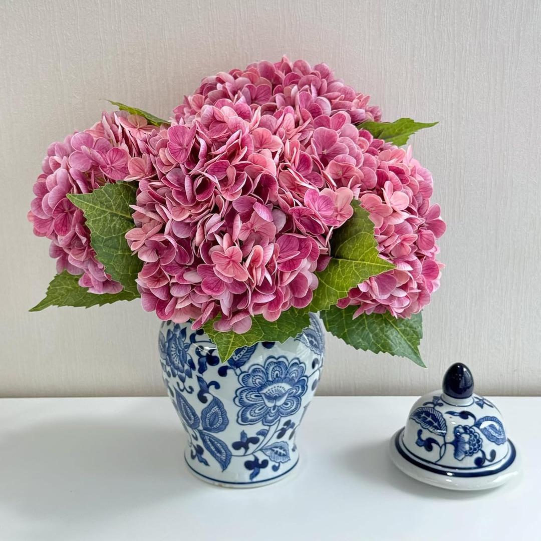 Magenta Pink 3 PCS 21in Hydrangea Artificial Flowers Latex Large Real Touch Faux Hydrangea Flowers with Stems for Home Halloween Decor Outdoor Bouquets Floral Arrangements