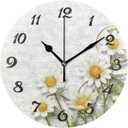 susiyo Daisy Chamomile Flowers on Wooden Texture Wall Clock Round Silent Non-Ticking [Battery Operated] Easy to Read Clocks for Home Kitchen Office Classroom Living Room Bedroom