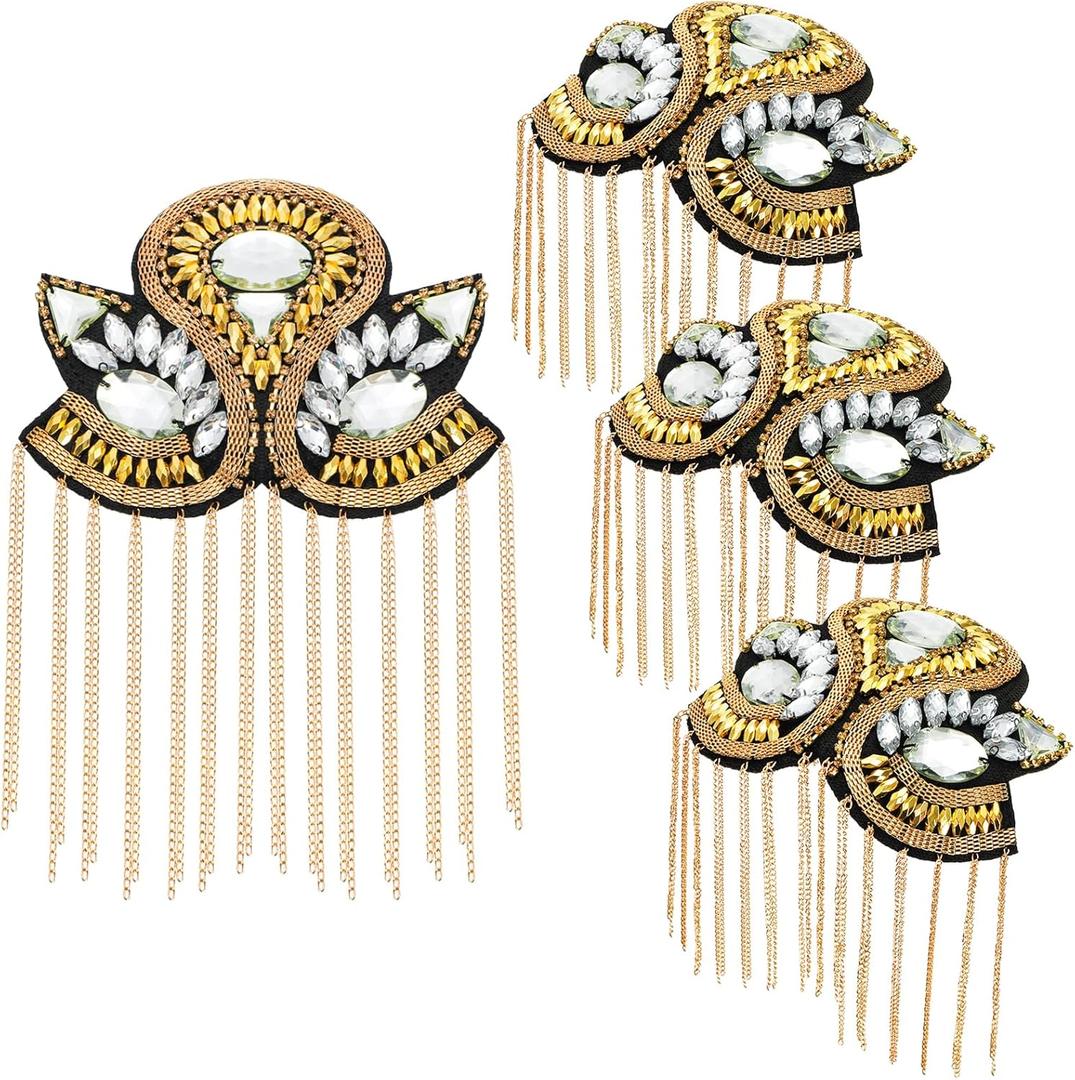 4 Pack Tassel Shoulder Epaulette, Metal Codplay Epaulet Pads with Pins, Beaded Chain Shoulder Boards Badge Brooch for Men Women Uniform Costume