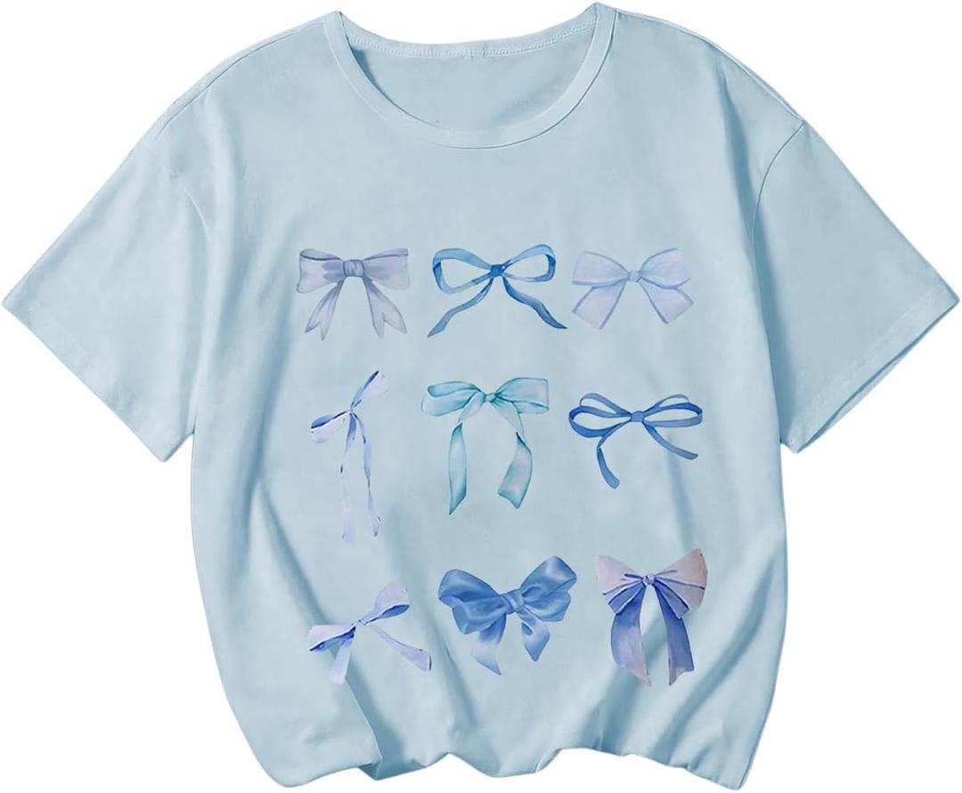 Girl's Bow Graphic Tees Crew Neck Short Sleeve Summer T Shirts Preppy Cute Clothes for Girls (Blue)
