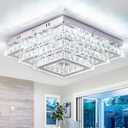Finktonglan Square Crystal LED Ceiling Light Fixtures, 15' Modern Chandelier 3-Tiers Flush Mount Ceiling Lamp for Living Room Dining Room (6500K Cool White)