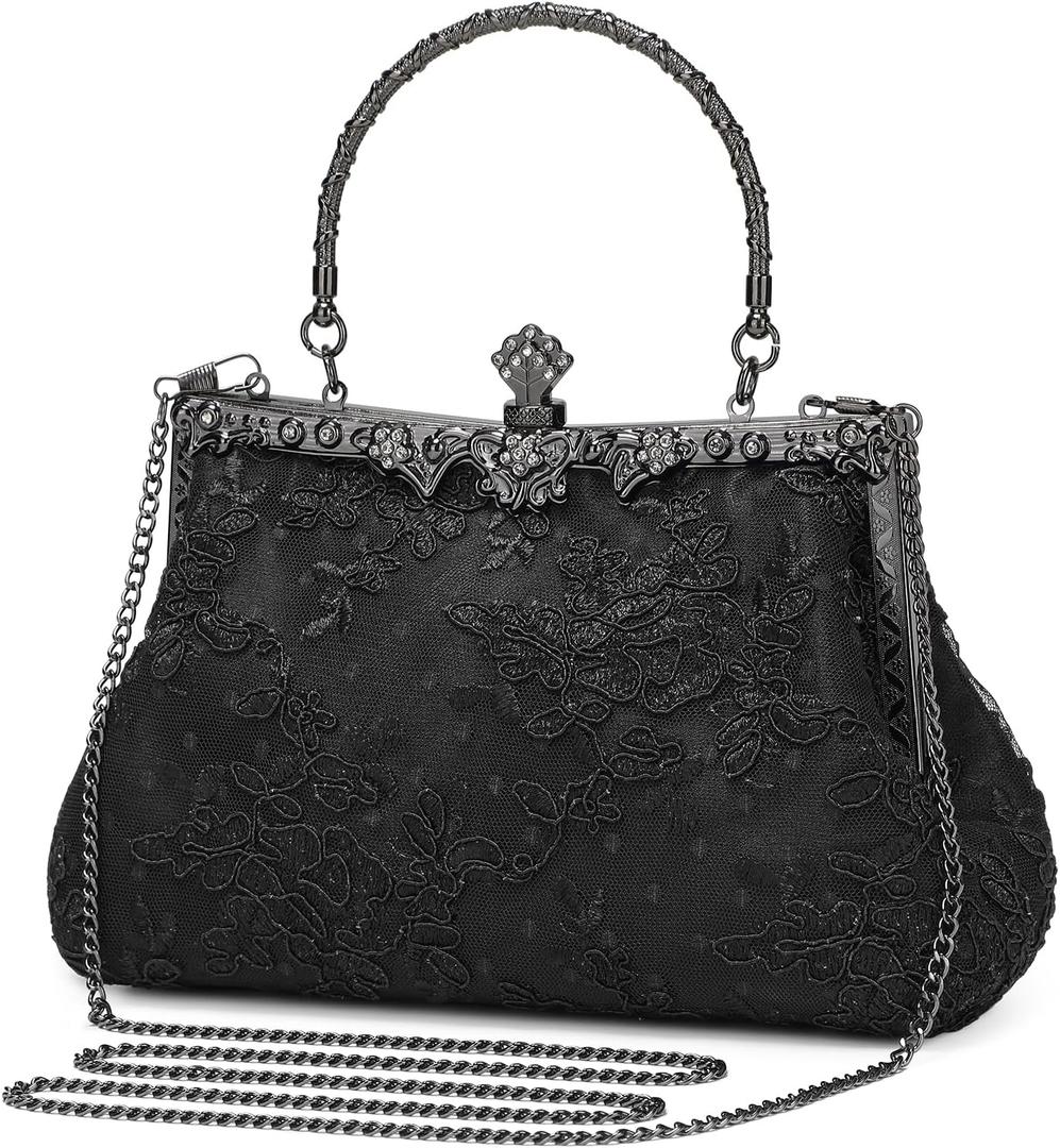 UBORSE 1920s Vintage Purse Embroidery Lace Floral Clutch Purse for Women Formal Evening Bag Handbag Wedding Bag (Black)