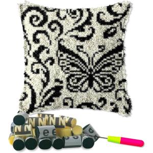 DL-YTG Latch Hook Kits Pillow Black Butterfly Crochet Yarn Cushion Colour Printed Canvas Rug Needlework DIY Pillowcase Hook and Latch Kit Christmas Home Crafts Sofa Decoration 42x42cm/16X16inch