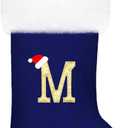 20 Inches Monogram Christmas Stockings Blue Velvet with White Super Soft Plush Cuff Embroidered Xmas Stockings Classic Personalized Stocking Decorations for Family Holiday Season Decor(M)
