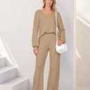 MEROKEETY Women's 2 Piece Outfits Lounge Sets Fall Winter Long Sleeve Knit Sweater Wide Leg Pant Matching Set (Beige, S)