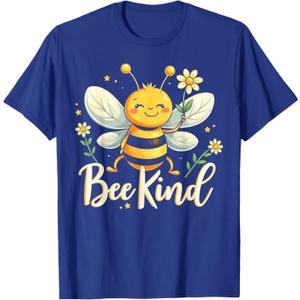 Bee Kind Cute bee with Flower Kindness T-Shirt (Small, Blue)