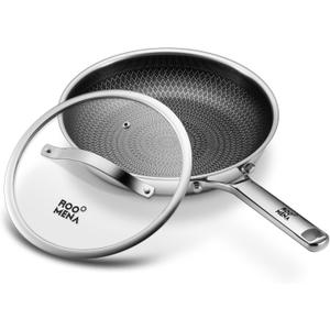 Roomena Non Stick Frying Pans Hybrid Ceramic With Lid, 12 Inch Tri-Ply Stainless Steel Skillet, Non-Toxic, PFAS/PFOA/PTFE Free, Metal Utensil Safe, Dishwasher & Oven Safe,Induction Compatible