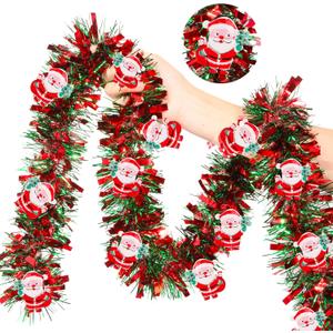 50FT Red Green Christmas Tinsel Garland with Santa Claus Ornaments, Metallic Twist Shiny Xmas Garland for Tree Decorations Fireplace Mantel Home Office Stair Party Outdoor Indoor Holiday Decor