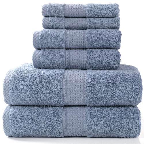 Boyuansi Luxury Bath Towels Set for Bathroom 6 Piece 2 Bath Towels 2 Hand Towels 2 Wash Cloths for Showering, 100% Cotton Clearance Quick Dry Towel Thick Soft Decorative Towels (Blue Grey Towel Set)