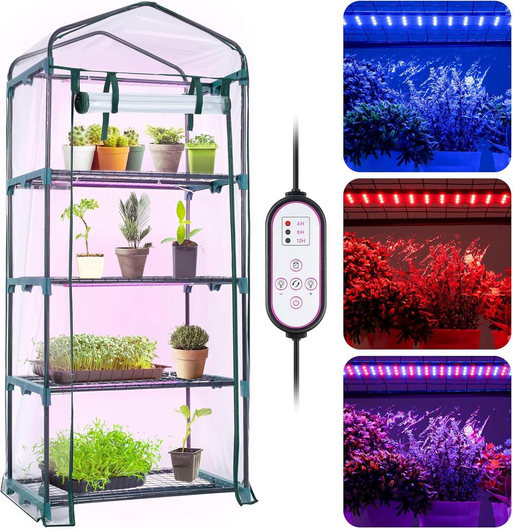 Meonum Indoor Greenhouse with LED Grow Lights, 4 Tier Mini Greenhouse with Roll-Up Zipper PVC Waterproof Cover and Trays, Dimmable Plant Grow Light for Indoor Plant with Timer, 27 L X 19 W X 63 H
