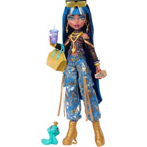 Monster High Doll, Cleo De Nile in Crop Top and Golden Denim Cargo Pants with Pet Snake Hissette and 7 Accessories Like Salad, Smoothie and Purse