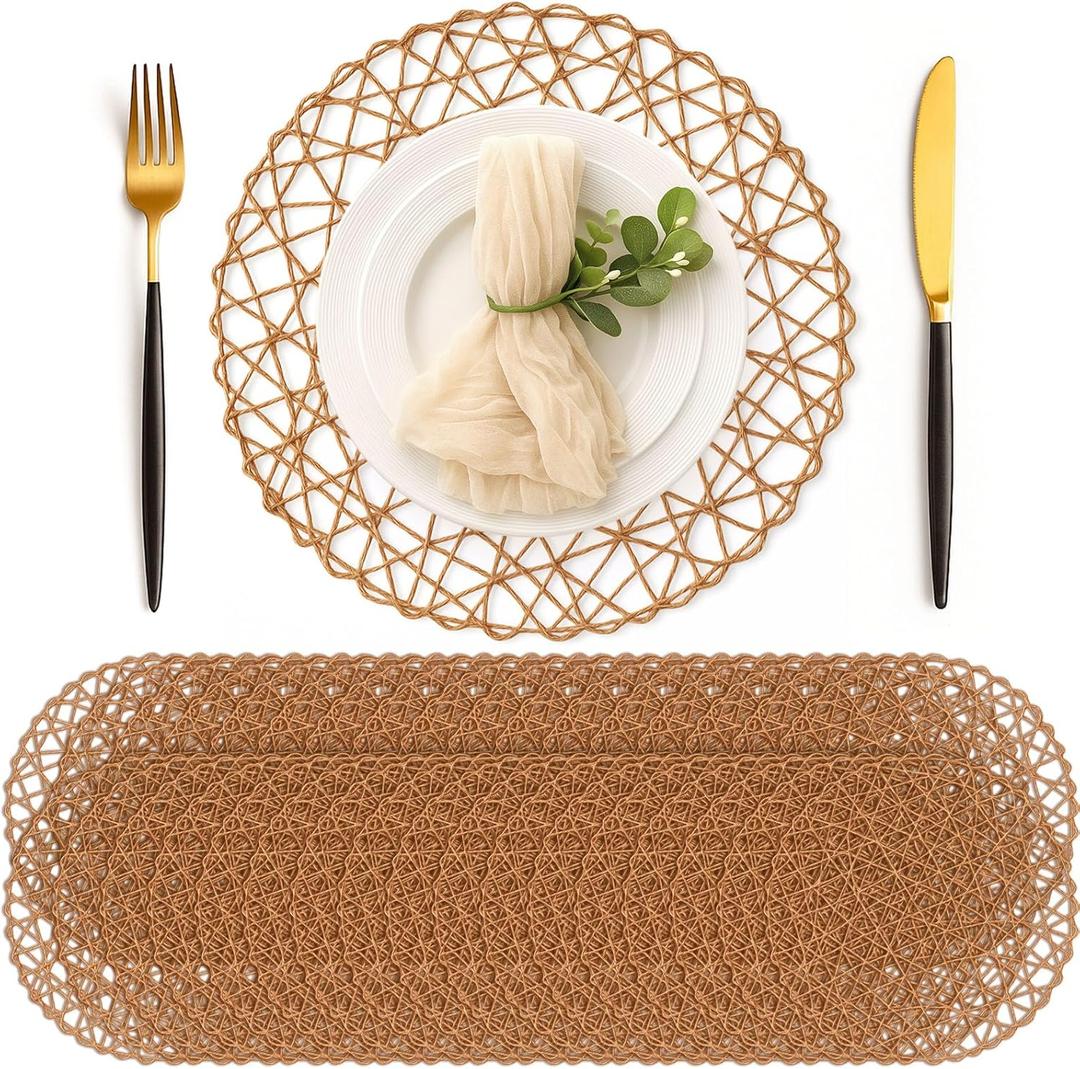 Geosar Round Woven Placemats Bulk Rustic Paper Braided Placemats Boho Natural Non slip Heat Resistant Table Mats for Wedding Party, Dinner Table Centerpiece Decoration, 13 Inch (Light Brown,24 Pcs)