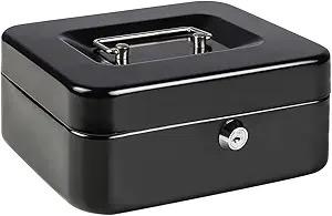 Medium Metal Cash Box with Key Lock Safe and Money Tray for Security,Money Saving Organizer, Parrency Large Money Box with Key Lockï¼Œ7 4/5" x 6 4/5" x 3 3/5"ï¼ŒBlack