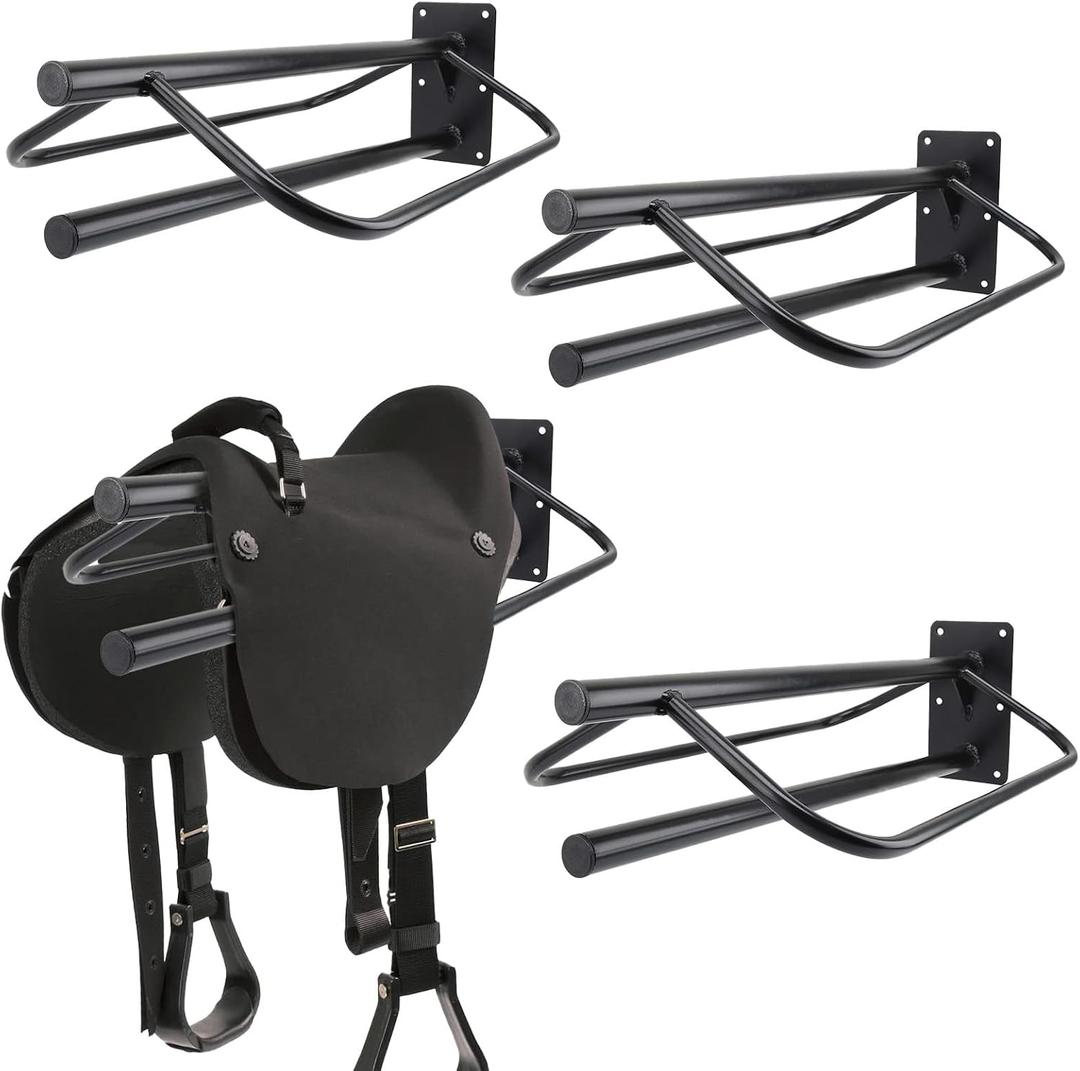 4 Pack Saddle Rack with Pad Bar,Heavy Duty Wall Mounted Saddle Stand Saddle Pad Rack for English Western Saddles Horses Blanket,Black