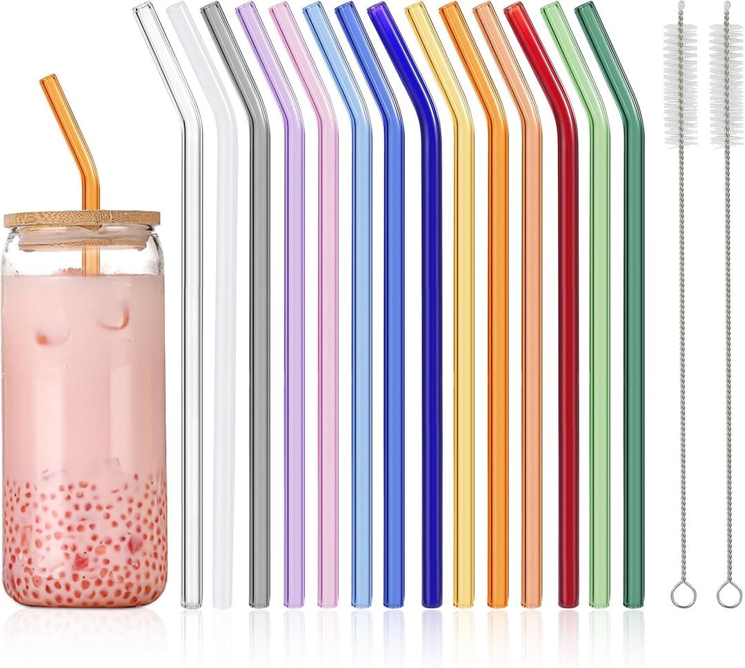 14 Pcs Reusable Bent Colorful Glass Straws,9''x8 mm Shatter Resistant Cute Drinking Straws with 2 Cleaner Brush for Coffee,Juice,Cocktail,Teas,Beverages