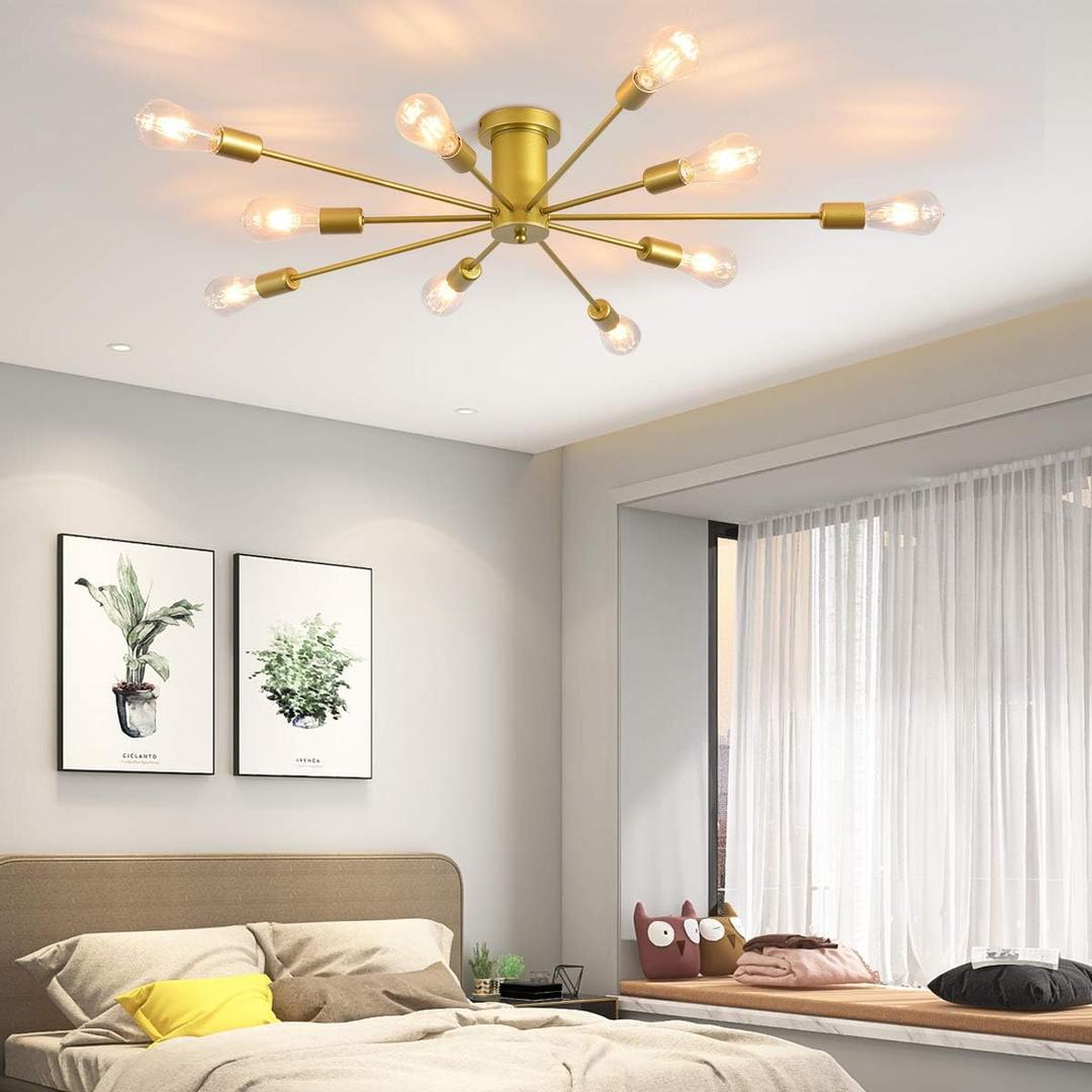 Garwarm 10 Lights Modern Sputnik Chandelier Gold Industrial Ceiling Lamp Mid Century Semi Flush Mount Ceiling Light Fixture for Kitchen Dining Room Living Room Bedroom Foyer Lighting