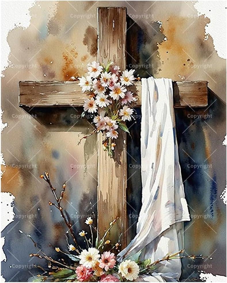 Religious Paint by Numbers Kit for Adults - DIY Cross with Flowers and Cloth Painting on Canvas, Acrylic Paint Set, Suitable for Beginners, Religious Art for Home Decoration or Gifts(16X20IN Framed)