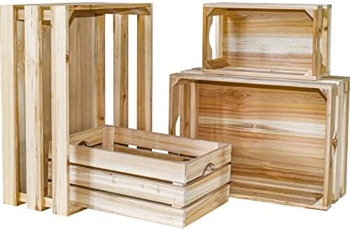 MACVAD Set of 4 Large Wooden Crates Unfinished Office Storage Crates, Decorative Wood Storage Crates for Display, Rustic Pine Wood Organizer Bin Basket for Kitchen Pantry Bathroom