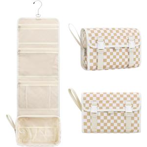 Relavel Hanging Toiletry Bag for Women, Hanging Makeup Organizer with Travel Size Toiletries, Portable Bathroom Travel Bag with Hook for Shaving Kit, Shampoo, Conditioner for Trip - Plaid (Large, 01 Plaid Khaki)