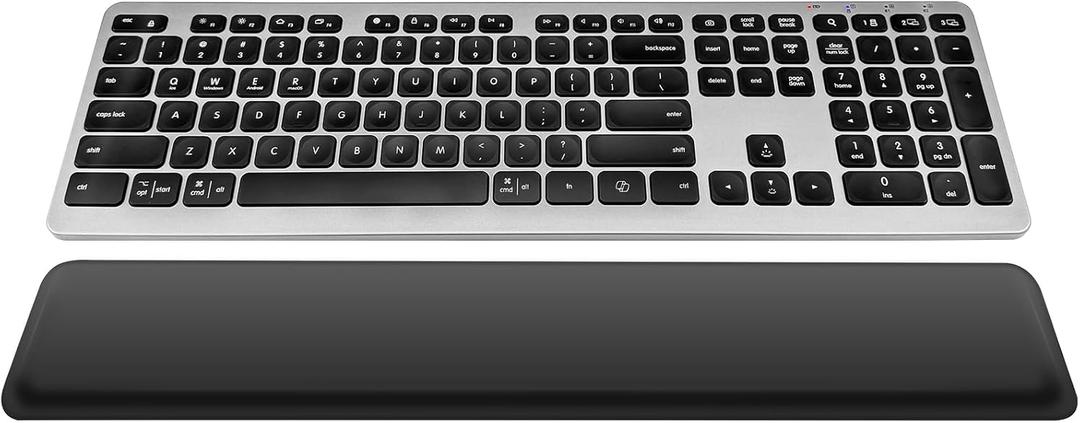 Wireless Keyboard, Bluetooth Keyboard with Leather Palm Rest, Backlighting, Multi-Device Pairing, USB C Rechargeable, for Windows, Mac, iOS, Android, Chrome, Office, Students, Long Hours Typing