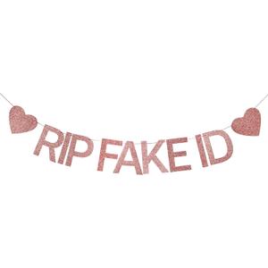 5 x 21st Birthday Decorations for Her, Pre-Strung RIP FAKE ID Banner -Rose Gold Glitter, Happy 21 Year Old Party Birthday Sign gifts