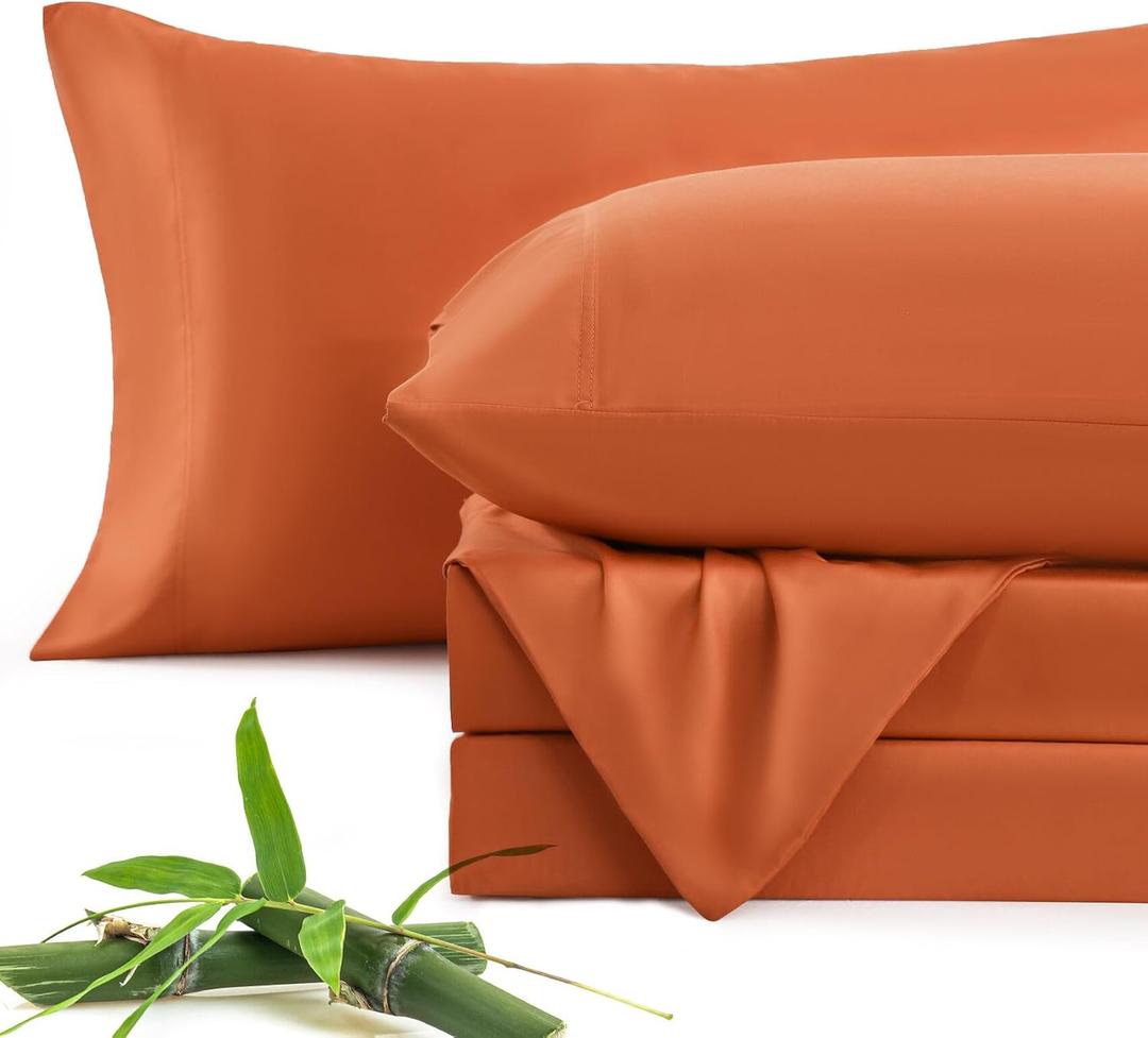 JSD 100% Viscose Derived from Bamboo Sheet Set King, Burnt Orange Cooling Sheets for Hot Sleepers, 300TC Sateen Weave, 16" Deep Pocket Corner Straps, Soft Silky Breathable Hotel Quality