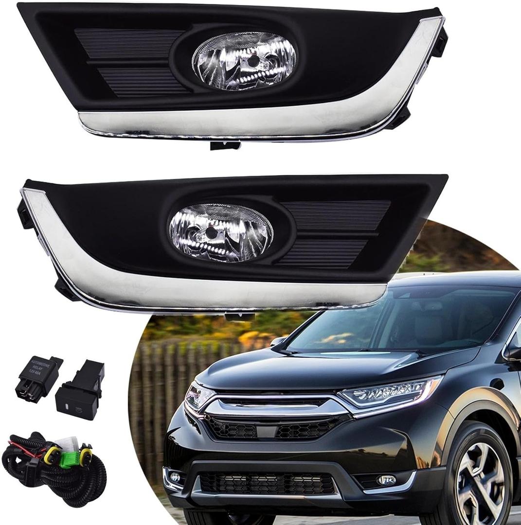 1 Pair of Fog Light Assembly with Chrome Bezel and Bulbs Wiring Kit Left and Right Side Replacement for CRV 2017 2018
