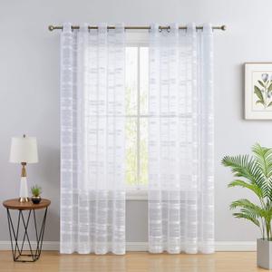 HLC.ME Broadway Stripe Decorative Sheer Light Filtering Grommet Window Treatment Curtain Drapery Panels for Bedroom & Living Room - Set of 2 Panels (54 x 84 inches Long, White)