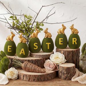 Threehoney 6 Pcs Easter Moss Bunny 3.5 Inch Green Bunny Eggs Spring Decor Artificial Flocked Moss Eggs Cute Rabbit Sit on Figurines for Spring Easter Basket Home Office Table Shelf Party Decor(Gold)