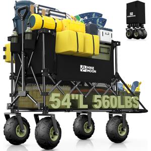 Hikemoon Double Decker Beach Wagon with 10" Big Balloon Wheels for Sand, 54'' Extra Long 560LBS Heavy Duty Wagons Carts Foldable, 400L Large All-Terrain Collapsible Folding Cart for Outdoors, Black