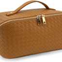 Travel Makeup Bag  Large Cosmetic Organizer with Waterproof PU Leather, Smooth Double Zipper & Tear-Resistant Lining, Toiletry Pouch for Women (Caramel)