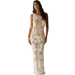WDIRARA Women's Floral Crochet Sheer Cover Up Maxi Beach Dress Hollow Out Sleeveless Coverups (Medium)