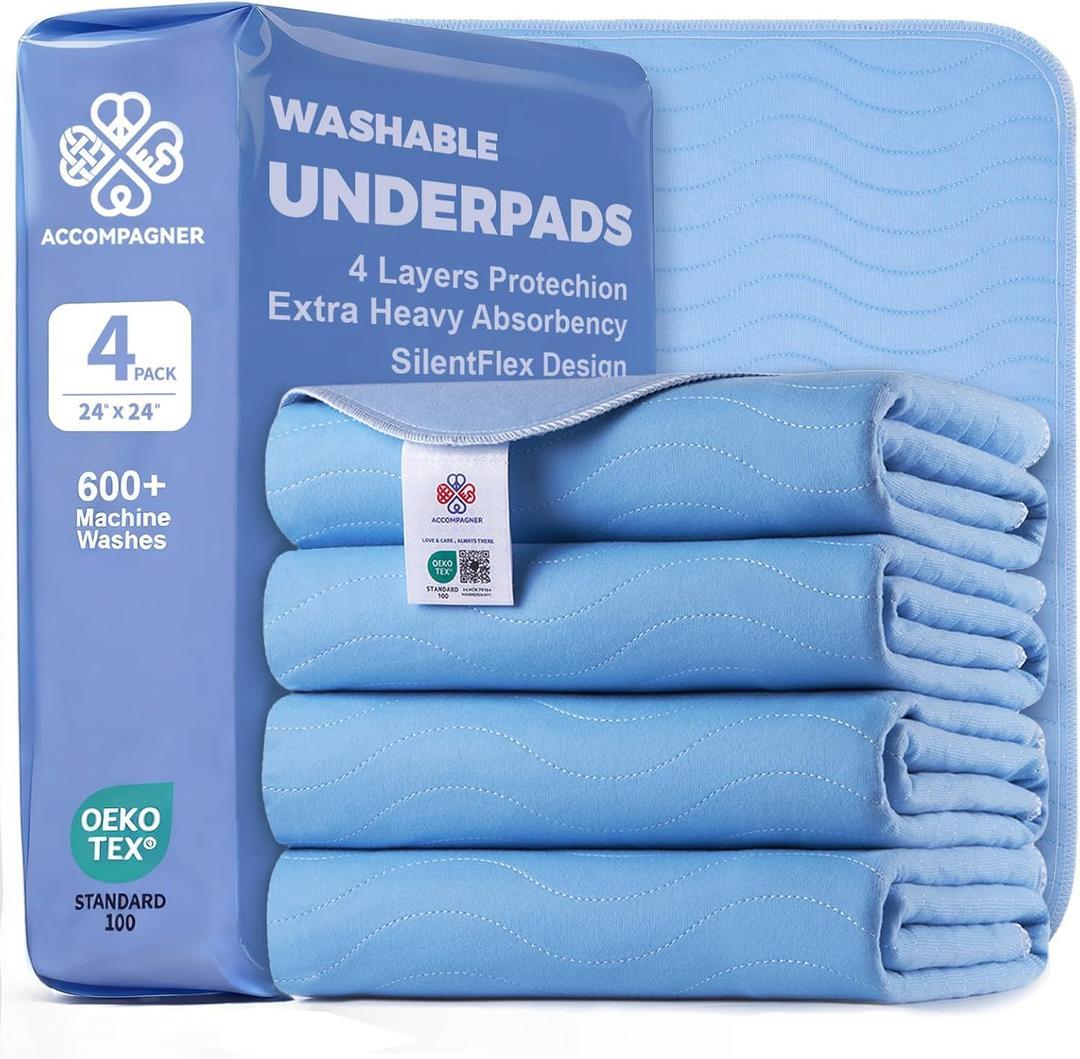 Accompagner Incontinence Bed Pads Washable Waterproof, Ultra-Absorbent Reusable Underpads for Diaper Changing, Nursing, Bedridden, Adults, Seniors, Kids and Dogs (Blue, 24"x24"(Pack of 4))