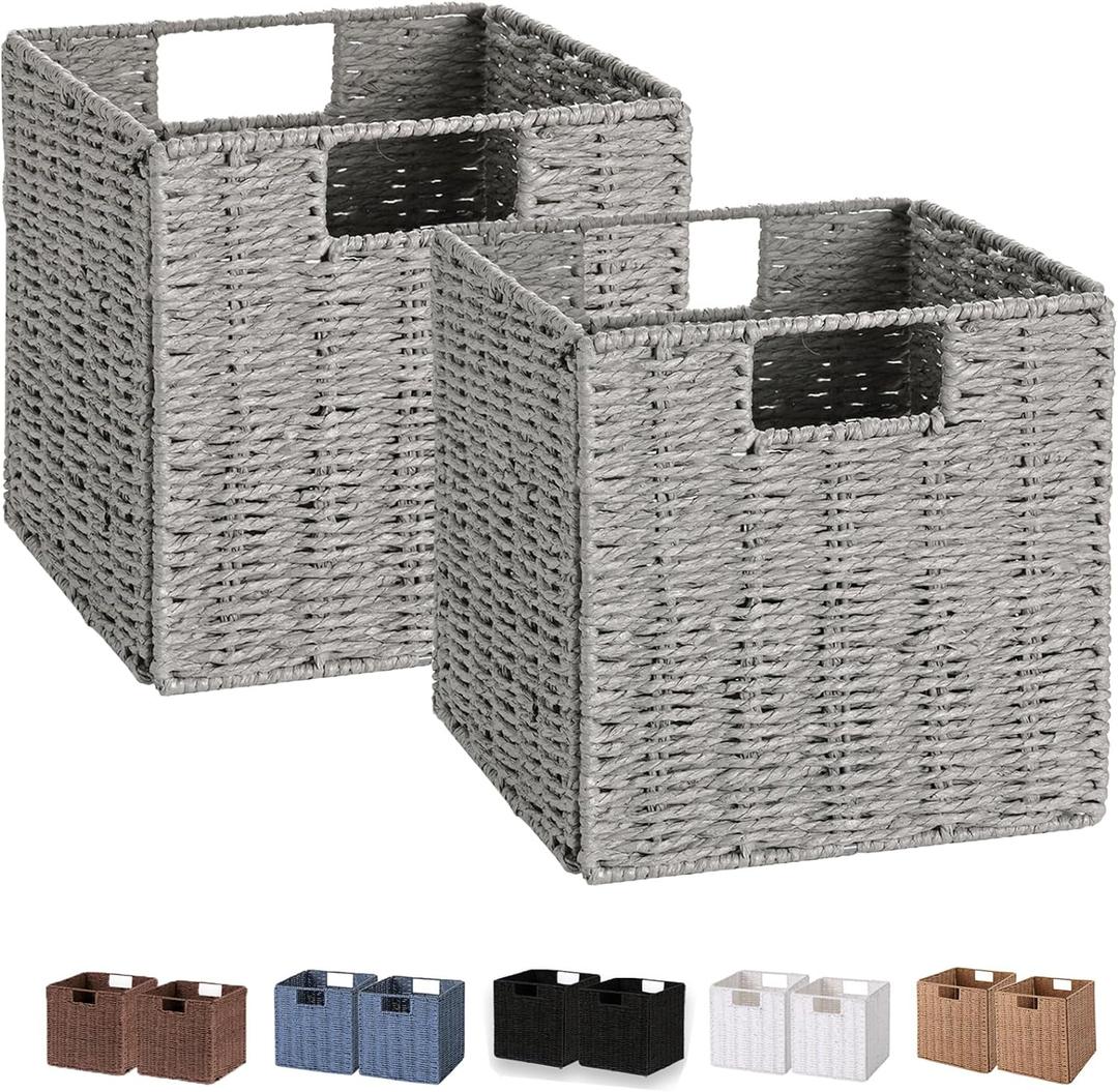Vagusicc Wicker Basket, Set of 2 Hand-Woven Wicker Storage Basket, Foldable 11 inch Cube Storage Bins, Storage Baskets for Organizing Shelves, Closet Organizers and Storage Bins, Gray (111111)