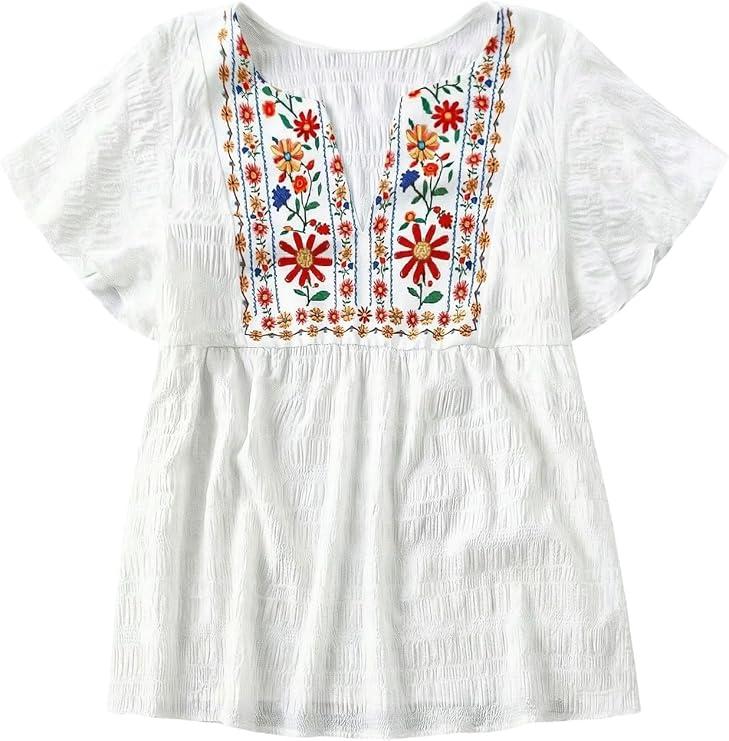 SOLY HUX Women's Plus Size Floral Blouse Notched V Neck Short Sleeve Peplum Babydoll Summer Vacation Shirt Tops White Floral X-Large Plus