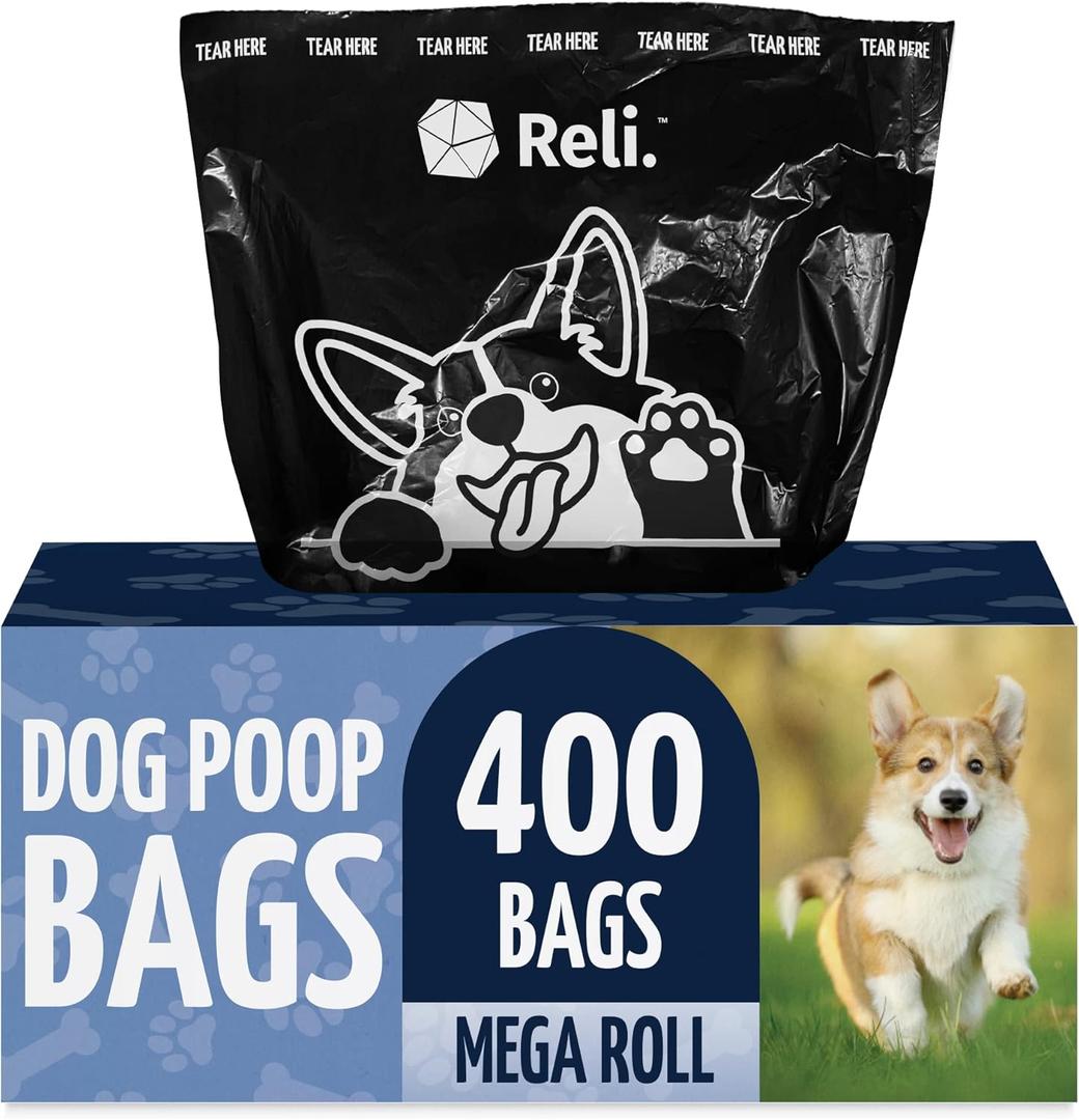Reli. Dog Poop Bags (400 Bags - Large Single Roll) | Dispenser Box | 9x13" Large Doggie Poo Sack | Use for Yard Pickup | Bulk Single Roll | Unscented, Leak Proof (Black)
