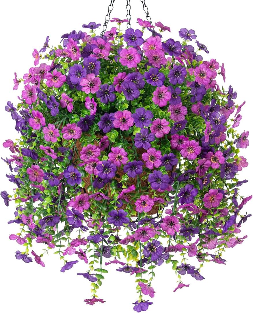 Ammyoo Artificial Fake Hanging Flowers Plants with Basket for Outdoor Spring Decoration, Faux Silk Daisy Flower Real Touch UV Resistant for Outside Porch Patio Garden Yard Home Decor(Purple Lotus)
