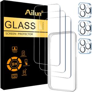 Ailun 3 Pack Screen Protector for iPhone 15 Pro Max [6.7 inch] + 3 Pack Camera Lens Protector with Installation Frame, Sensor Protection, Dynamic Island Compatible, Case Friendly Tempered Glass Film