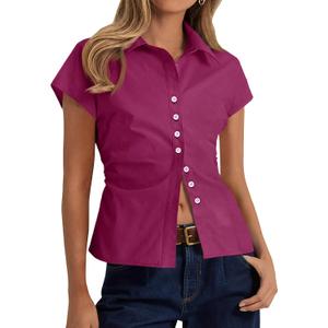 Cicy Bell Womens Summer Button Down Shirts Short Sleeve Petite Blouses Tops | Slim Fit, Casual Dressy, Ruched, Going Out (Purple, S)